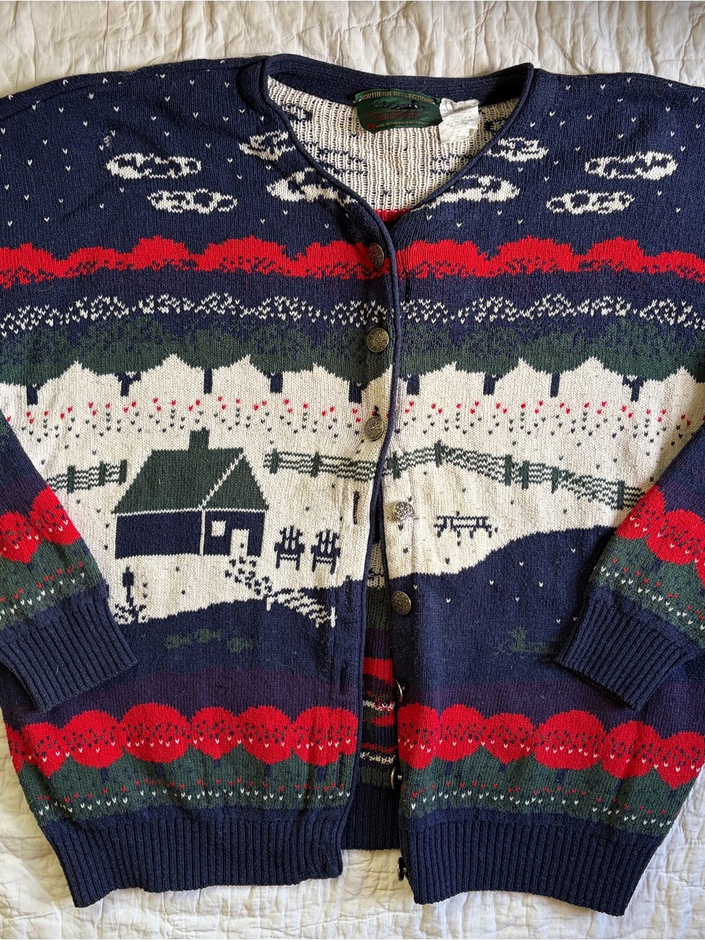 Vintage Northern Reflections Fall Farm Scene Cardigan - Made In Canada